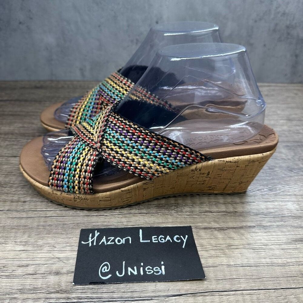 Skechers~Women’s~”Beverlee” Luxe Foam Wedge Heel Multi Color Double Strap~Sz 8.5